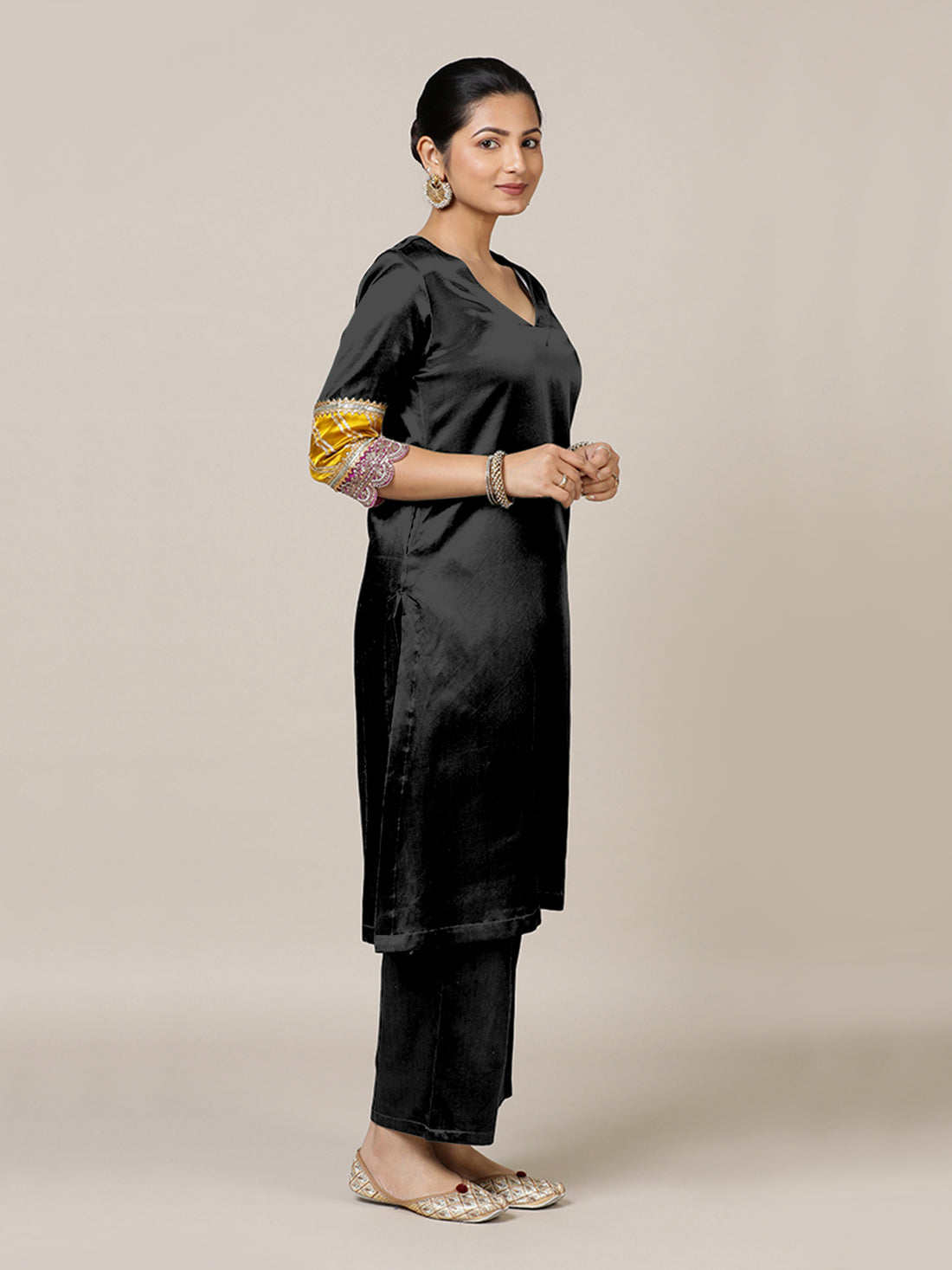 Kainaat x Tyohaar Kurta, in Black Vegan Silk, featuring three quarter sleeves and curved v-neckline (view 7).