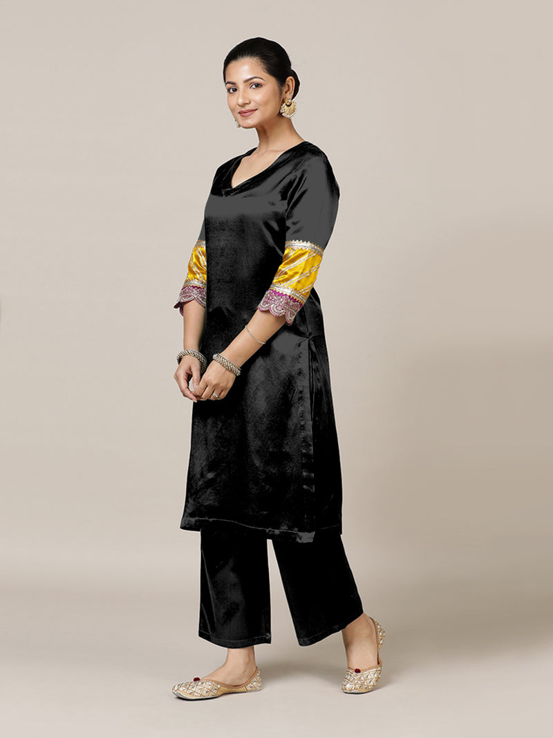 Kainaat x Tyohaar | Ink Black Mashru Silk A-Line Kurta with Embroidered Sleeves | Coords or Only Kurta-Binks