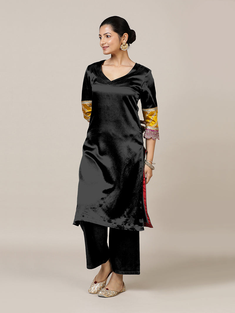 Kainaat x Tyohaar | Ink Black Mashru Silk A-Line Kurta with Embroidered Sleeves | Coords or Only Kurta-Binks