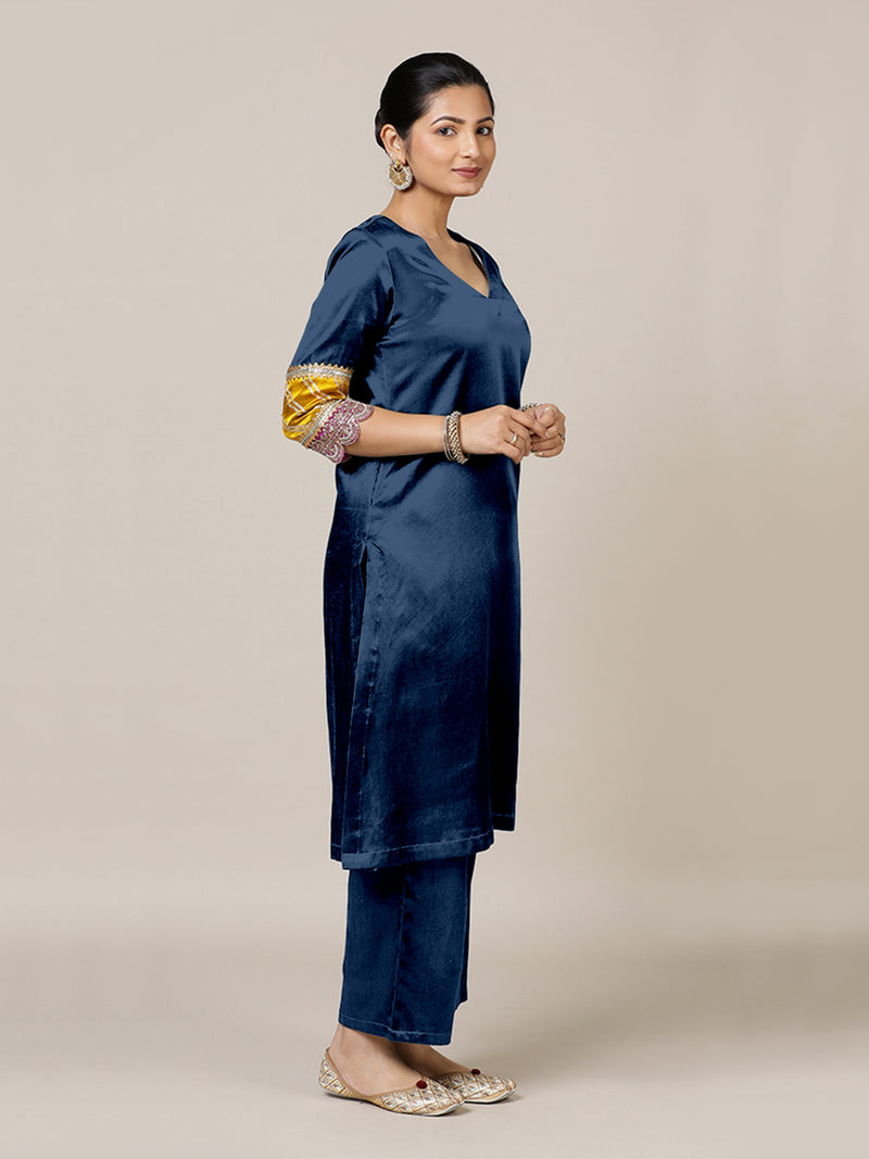 Kainaat x Tyohaar | Midnight Blue Mashru Silk A-Line Kurta with Embroidered Sleeves | Coords or Only Kurta-Binks