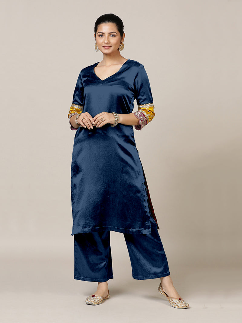 Kainaat x Tyohaar | Midnight Blue Mashru Silk A-Line Kurta with Embroidered Sleeves | Coords or Only Kurta-Binks