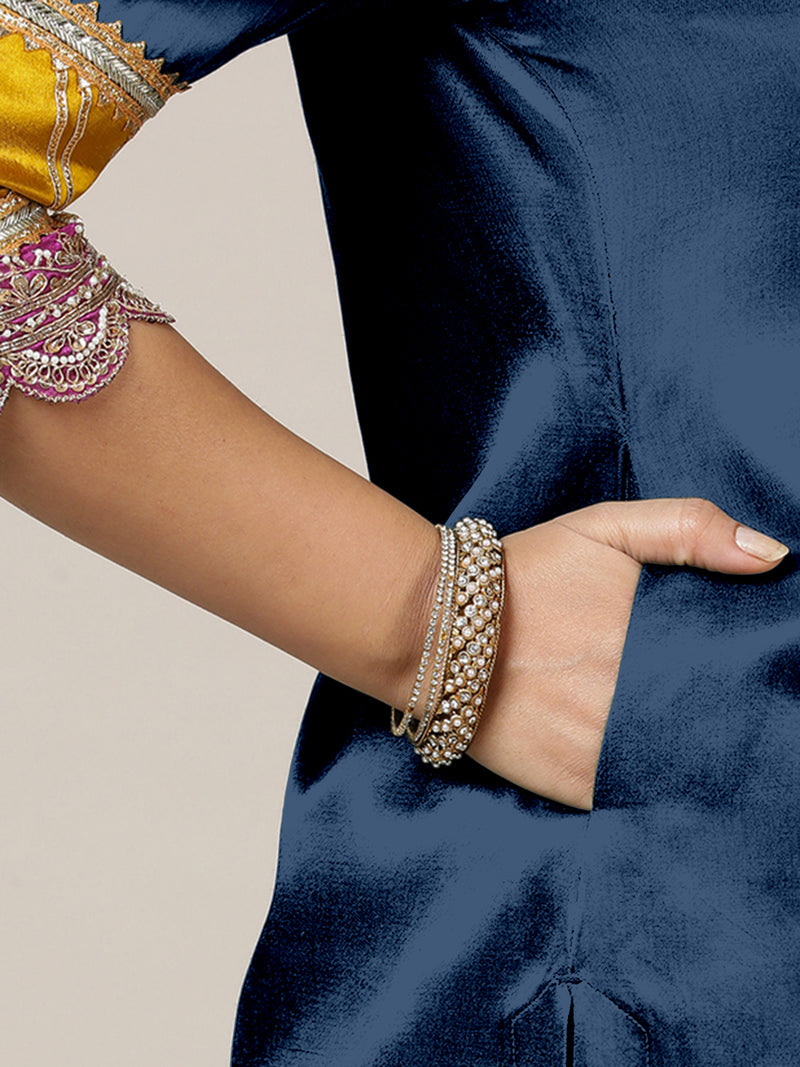 Kainaat x Tyohaar | Midnight Blue Mashru Silk A-Line Kurta with Embroidered Sleeves | Coords or Only Kurta-Binks