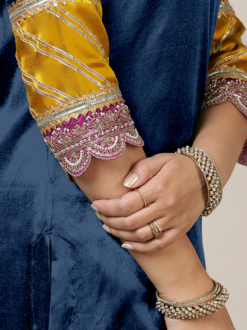 Kainaat x Tyohaar | Midnight Blue Mashru Silk A-Line Kurta with Embroidered Sleeves | Coords or Only Kurta-Binks