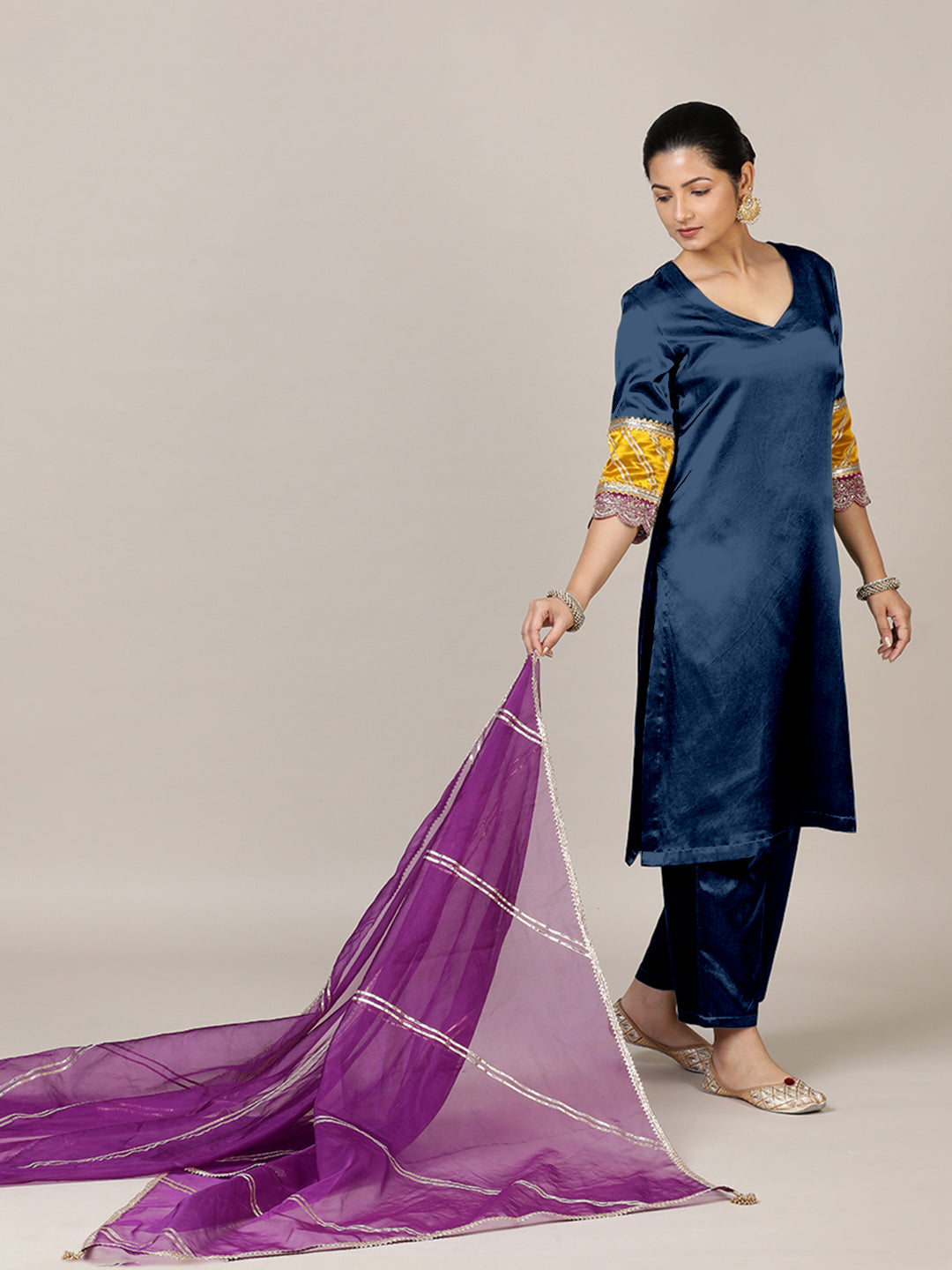 Kainaat x Tyohaar Kurta, in Blue Vegan Silk, featuring three quarter sleeves and curved v-neckline, made for party & festive.