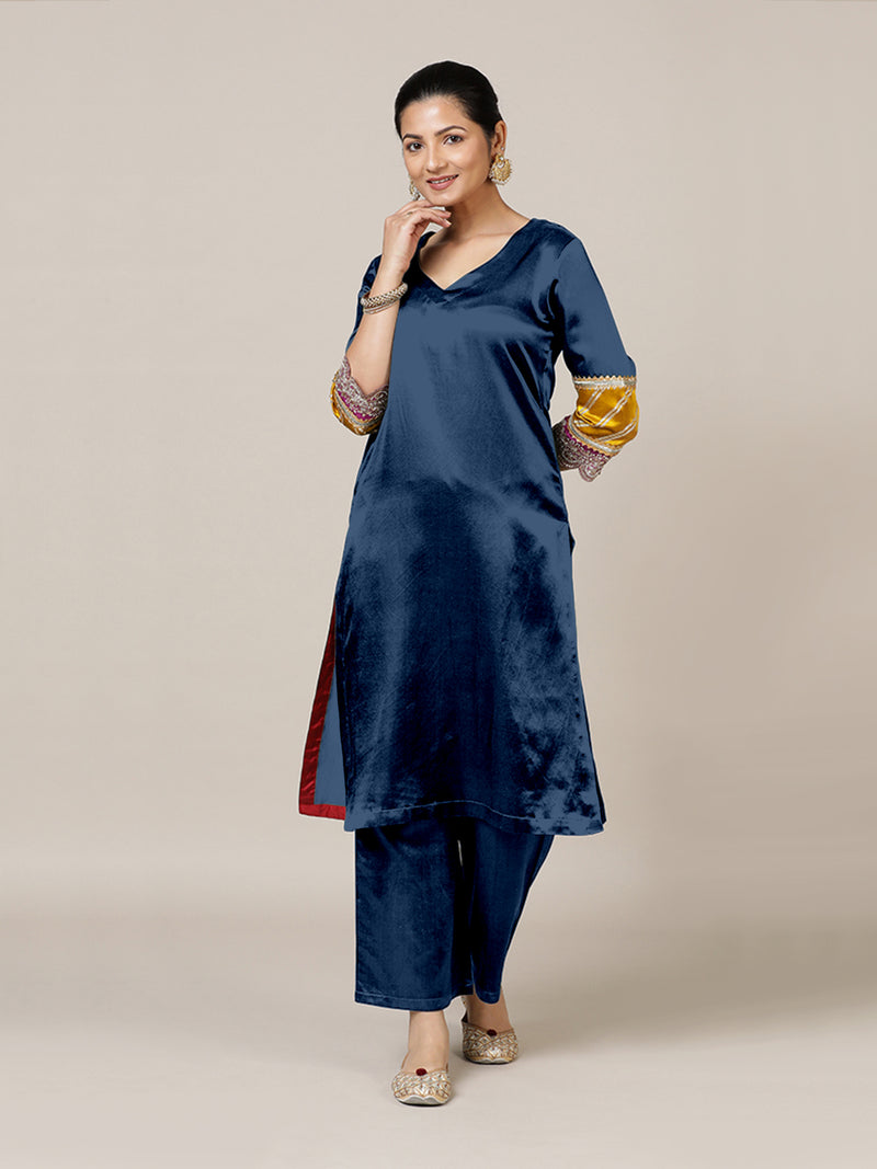 Kainaat x Tyohaar | Midnight Blue Mashru Silk A-Line Kurta with Embroidered Sleeves | Coords or Only Kurta-Binks