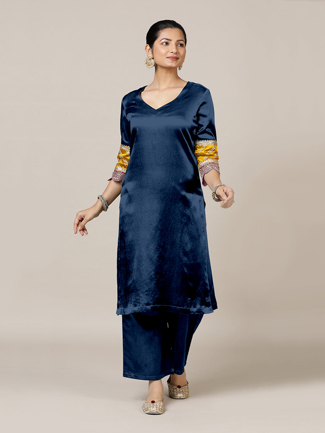 Kainaat x Tyohaar Kurta, in Blue Vegan Silk, featuring three quarter sleeves and curved v-neckline, made for party & festive.