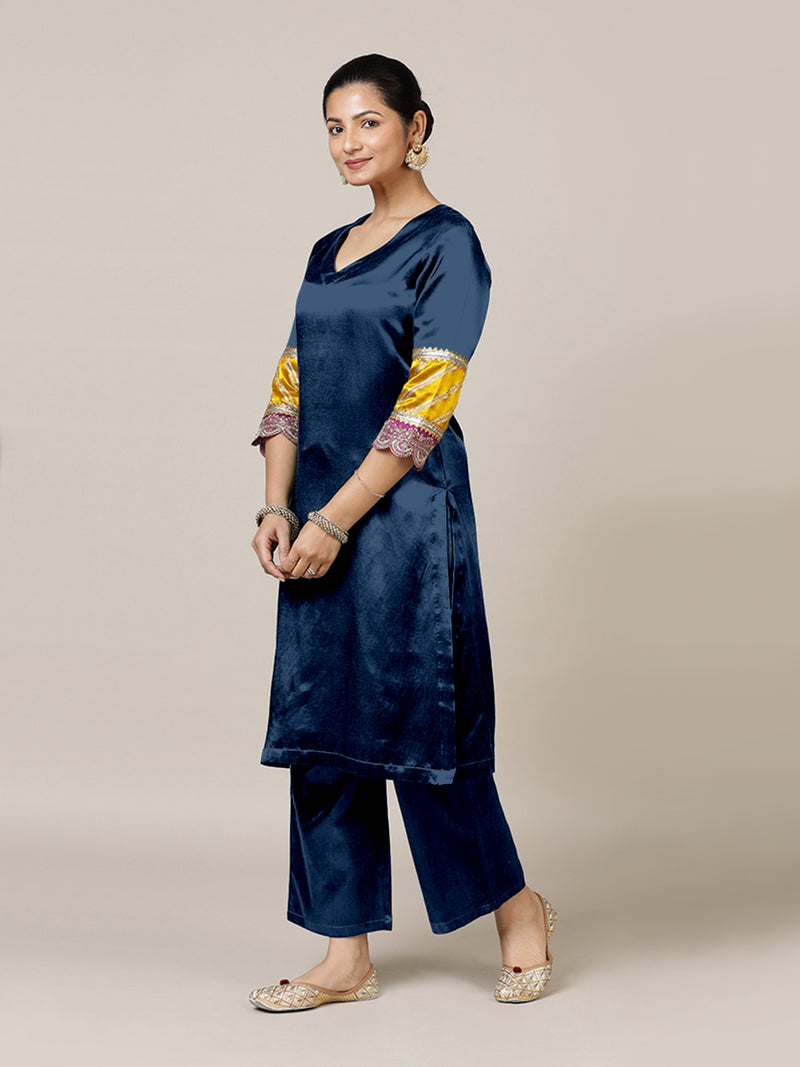 Kainaat x Tyohaar | Midnight Blue Mashru Silk A-Line Kurta with Embroidered Sleeves | Coords or Only Kurta-Binks
