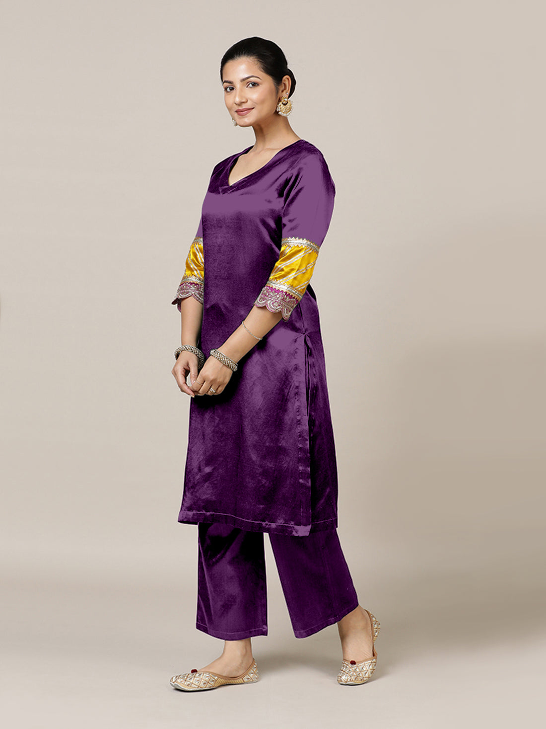 Kainaat x Tyohaar Kurta, in Purple Vegan Silk, featuring three quarter sleeves and curved v-neckline.