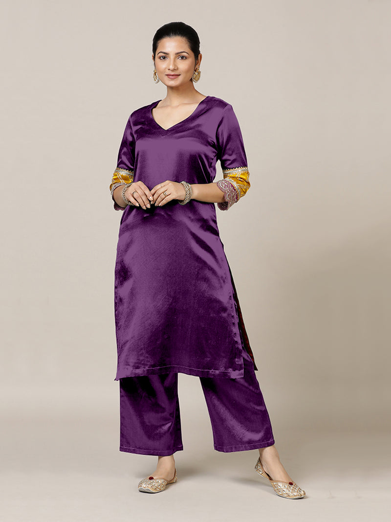 Kainaat x Tyohaar | Moonlight Purple Mashru Silk A-Line Kurta with Embroidered Sleeves | Coords or Only Kurta-Binks