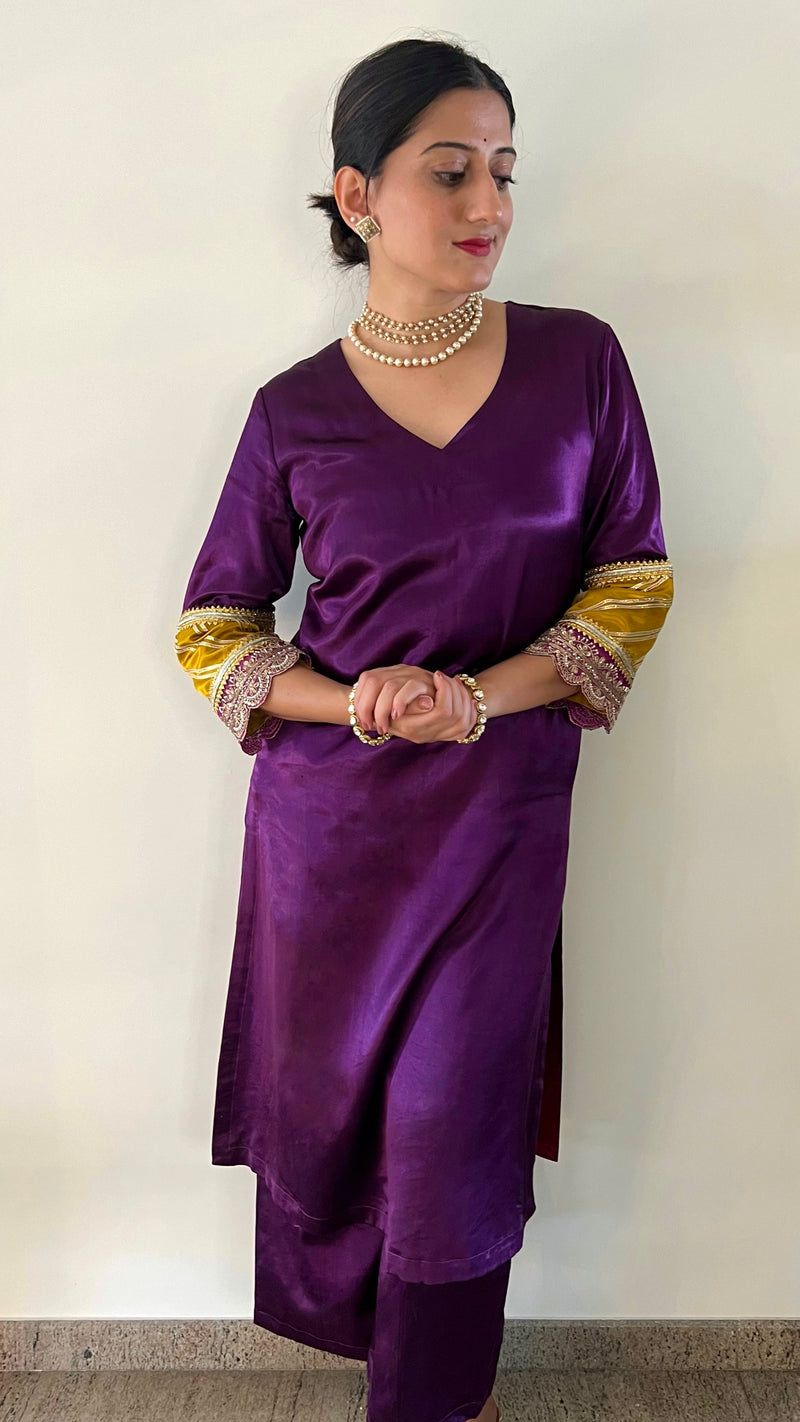 Kainaat x Tyohaar | Moonlight Purple Mashru Silk A-Line Kurta with Embroidered Sleeves | Coords or Only Kurta-Binks