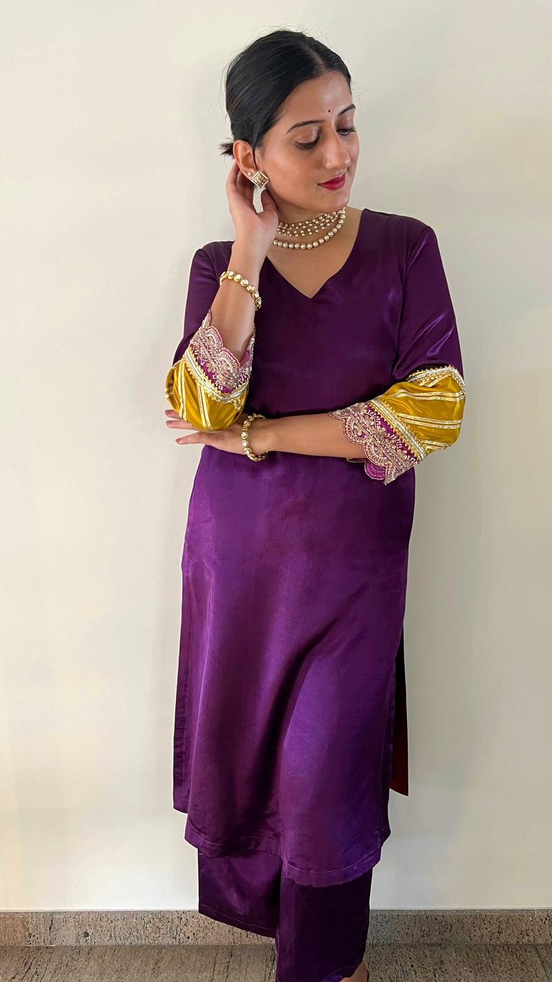 Kainaat x Tyohaar | Moonlight Purple Mashru Silk A-Line Kurta with Embroidered Sleeves | Coords or Only Kurta-Binks