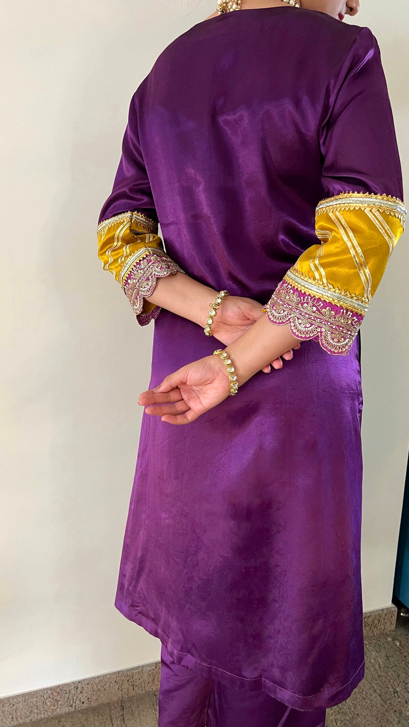 Kainaat x Tyohaar | Moonlight Purple Mashru Silk A-Line Kurta with Embroidered Sleeves | Coords or Only Kurta-Binks