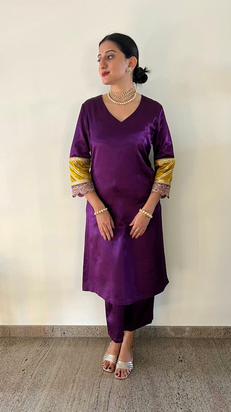 Kainaat x Tyohaar | Moonlight Purple Mashru Silk A-Line Kurta with Embroidered Sleeves | Coords or Only Kurta-Binks