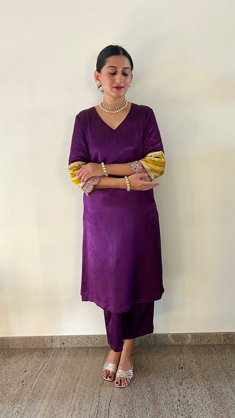 Kainaat x Tyohaar | Moonlight Purple Mashru Silk A-Line Kurta with Embroidered Sleeves | Coords or Only Kurta-Binks