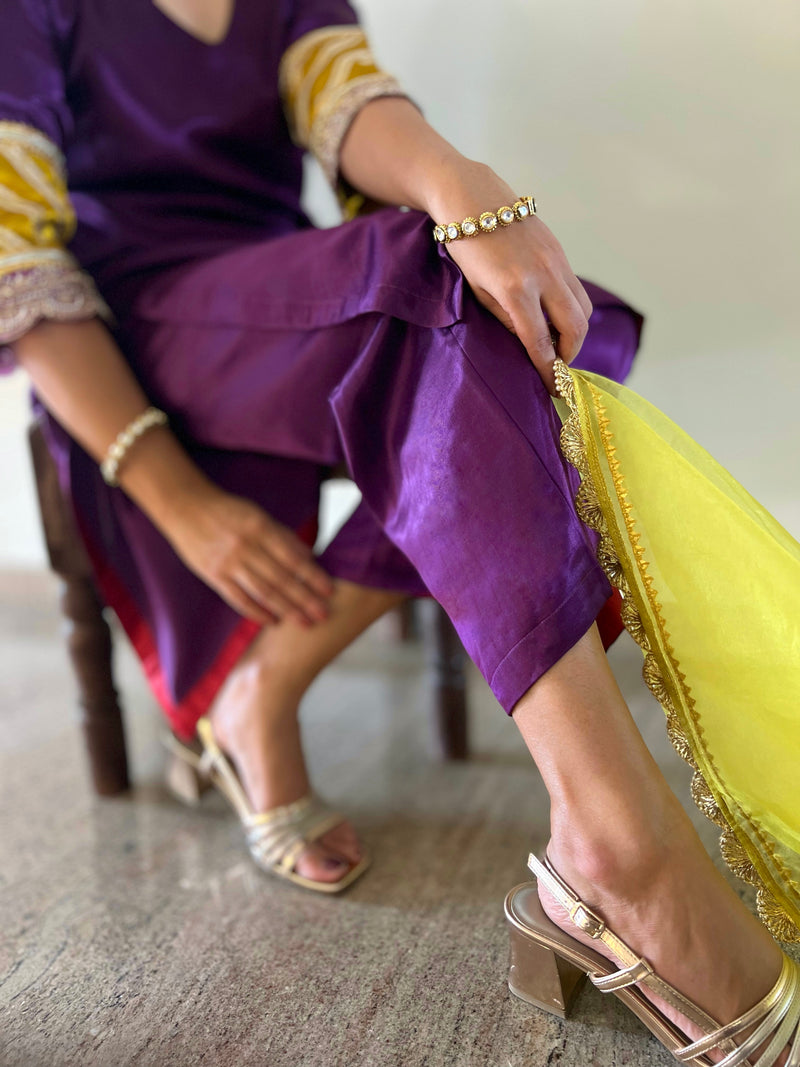 Kainaat x Tyohaar | Moonlight Purple Mashru Silk A-Line Kurta with Embroidered Sleeves | Coords or Only Kurta-Binks
