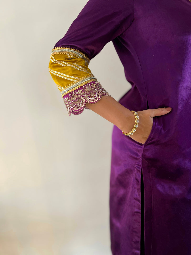 Kainaat x Tyohaar | Moonlight Purple Mashru Silk A-Line Kurta with Embroidered Sleeves | Coords or Only Kurta-Binks
