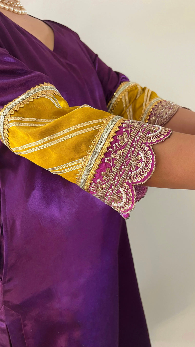 Kainaat x Tyohaar | Moonlight Purple Mashru Silk A-Line Kurta with Embroidered Sleeves | Coords or Only Kurta-Binks