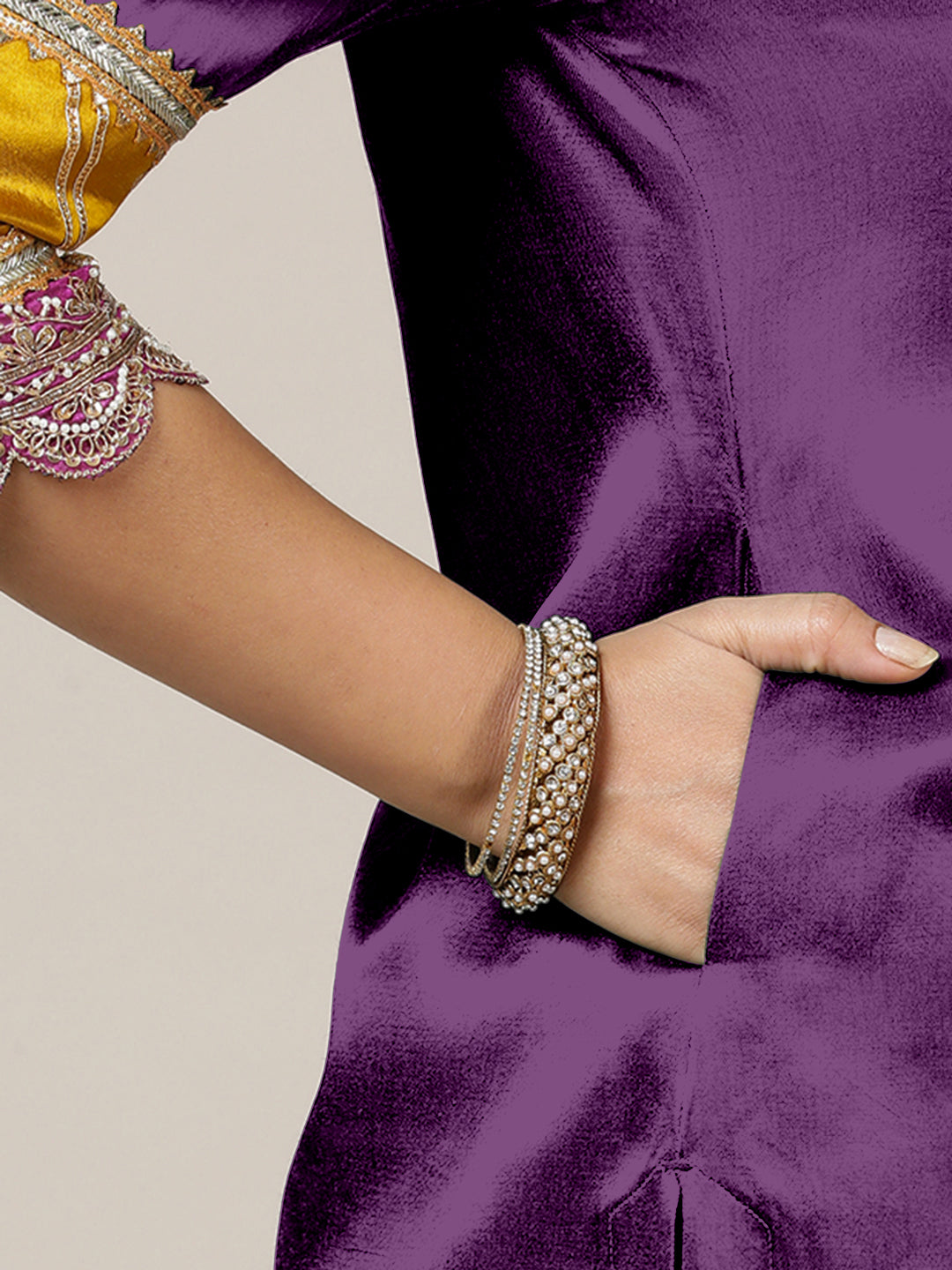 Kainaat x Tyohaar Kurta, in Purple Vegan Silk, featuring three quarter sleeves and curved v-neckline (view 3).