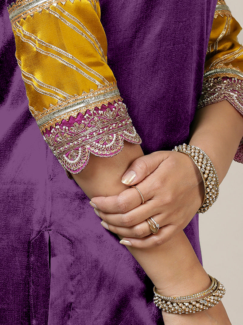 Kainaat x Tyohaar | Moonlight Purple Mashru Silk A-Line Kurta with Embroidered Sleeves | Coords or Only Kurta-Binks