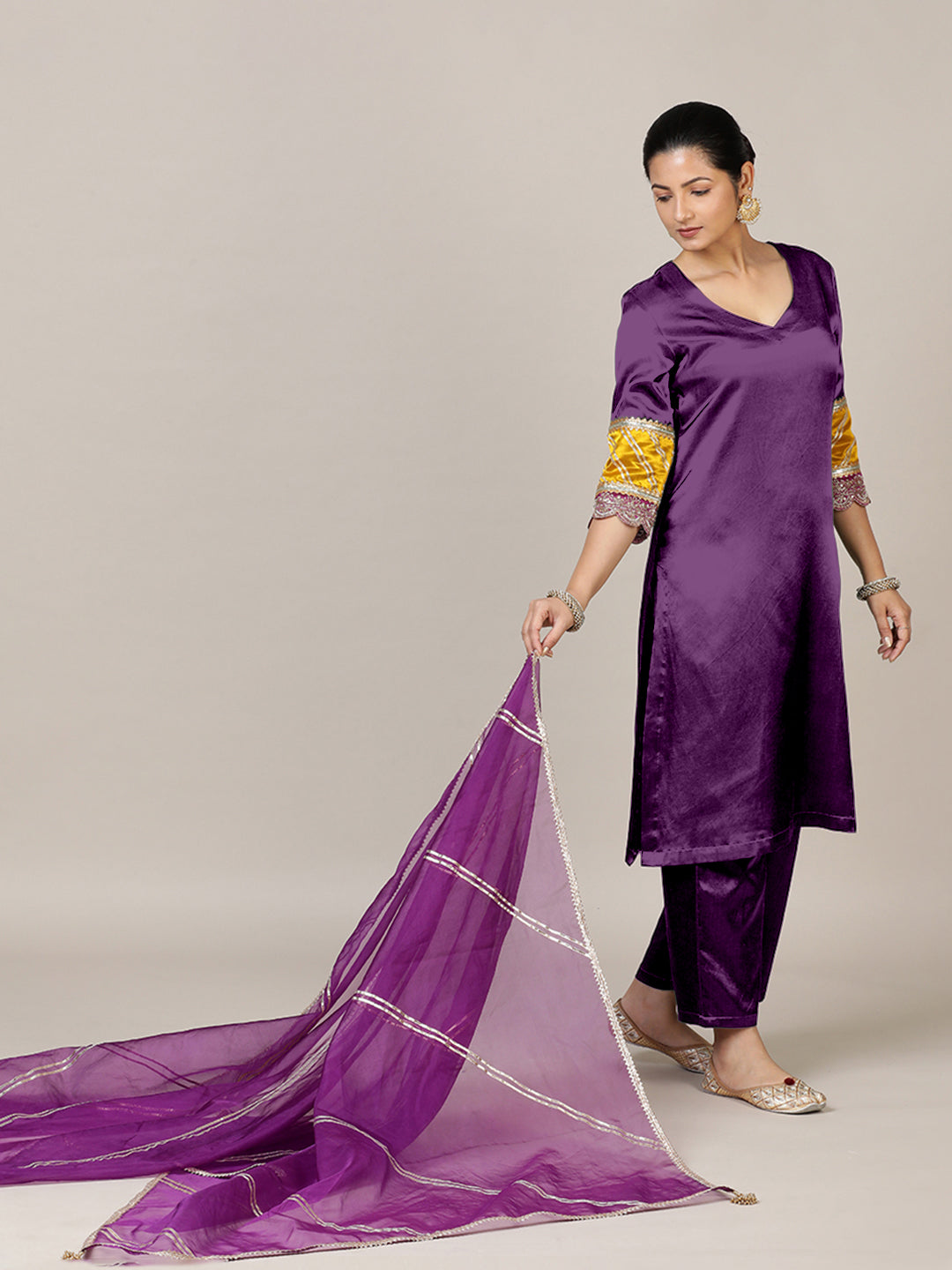 Kainaat x Tyohaar Kurta, in Purple Vegan Silk, featuring three quarter sleeves and curved v-neckline (view 5).