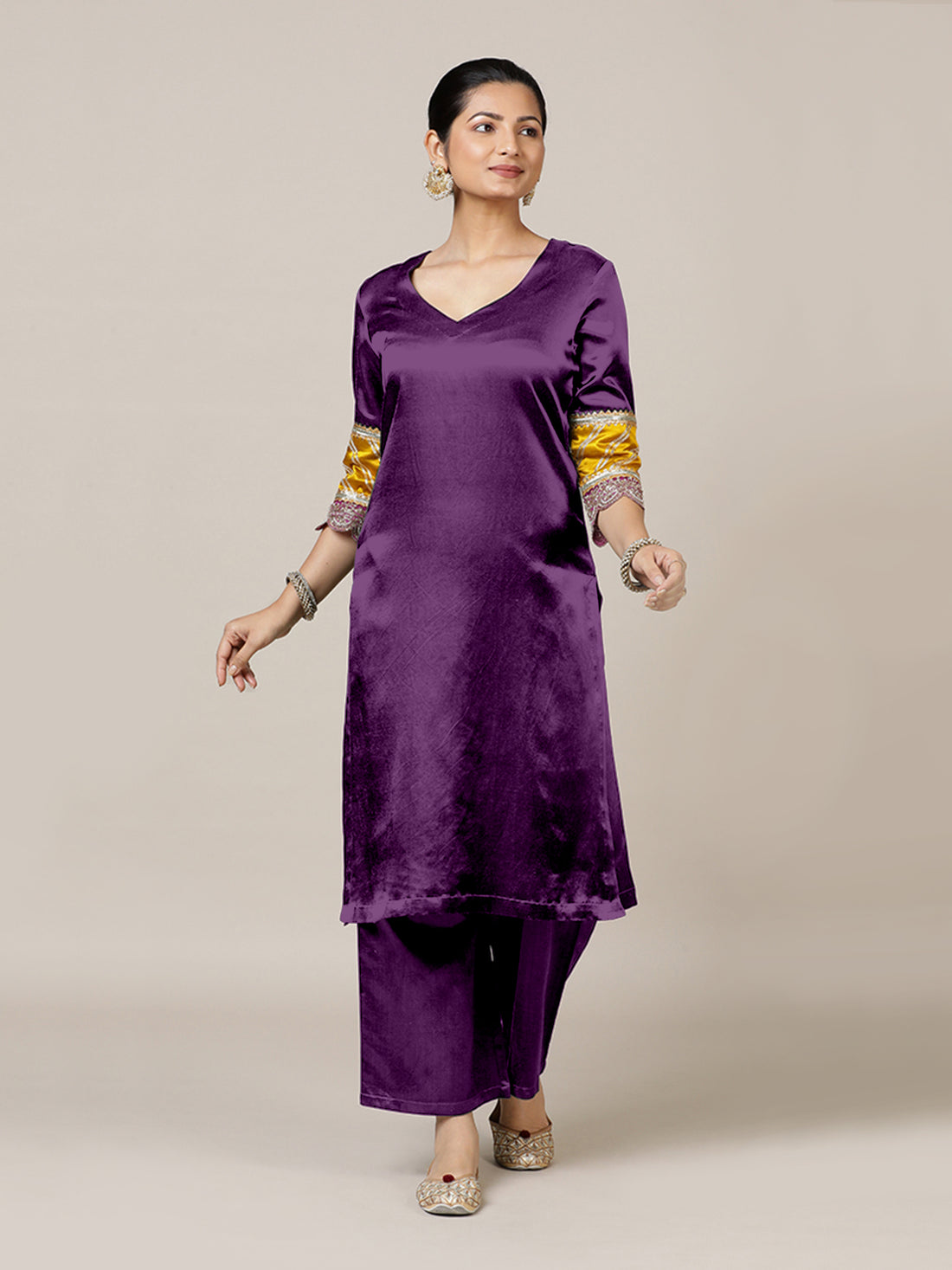 Kainaat x Tyohaar Kurta, in Purple Vegan Silk, featuring three quarter sleeves and curved v-neckline (view 7).