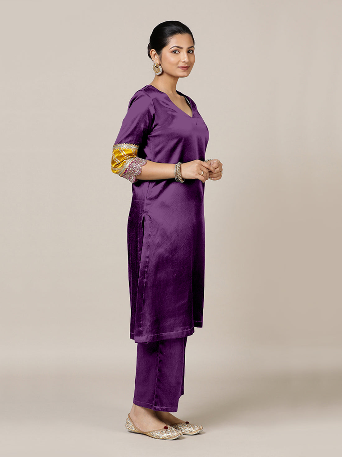 Kainaat x Tyohaar Kurta, in Purple Vegan Silk, featuring three quarter sleeves and curved v-neckline (view 8).