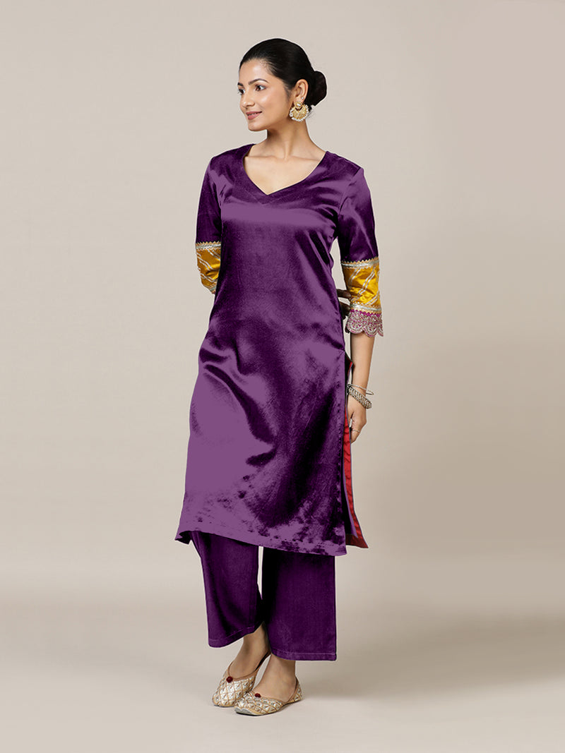 Kainaat x Tyohaar | Moonlight Purple Mashru Silk A-Line Kurta with Embroidered Sleeves | Coords or Only Kurta-Binks