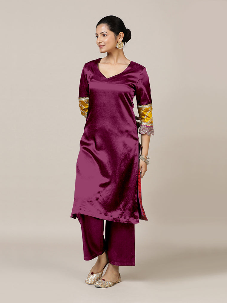 Kainaat x Tyohaar Kurta, in Red Vegan Silk, featuring three quarter sleeves and curved v-neckline, made for party & festive.