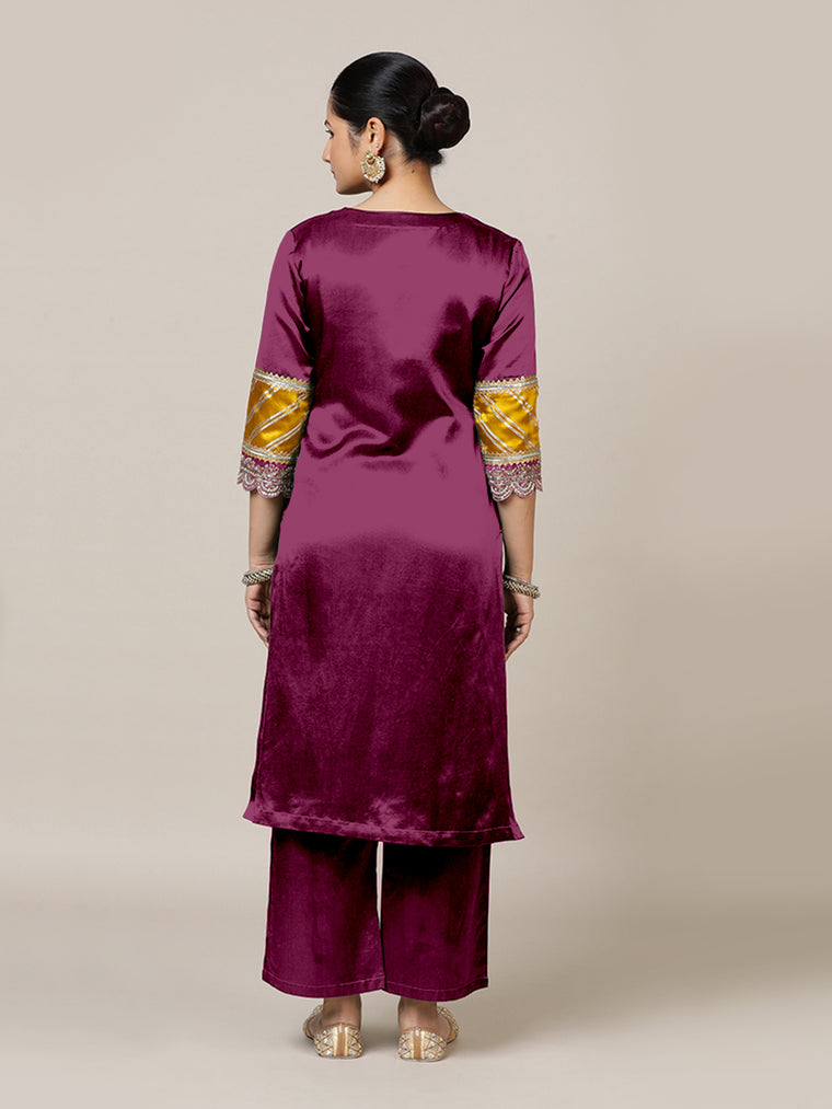 Kainaat x Tyohaar Kurta, in Red Vegan Silk, featuring three quarter sleeves and curved v-neckline, made for party & festive.