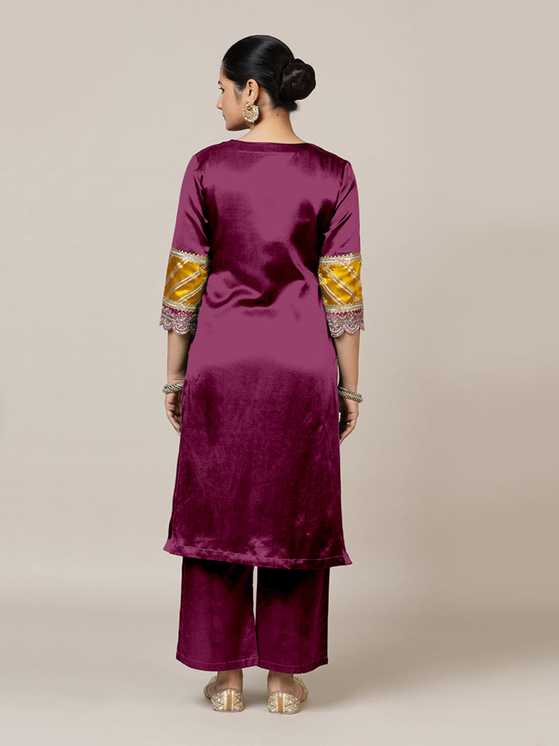 Kainaat x Tyohaar | Mulberry Red Mashru Silk A-Line Kurta with Embroidered Sleeves | Coords or Only Kurta-Binks