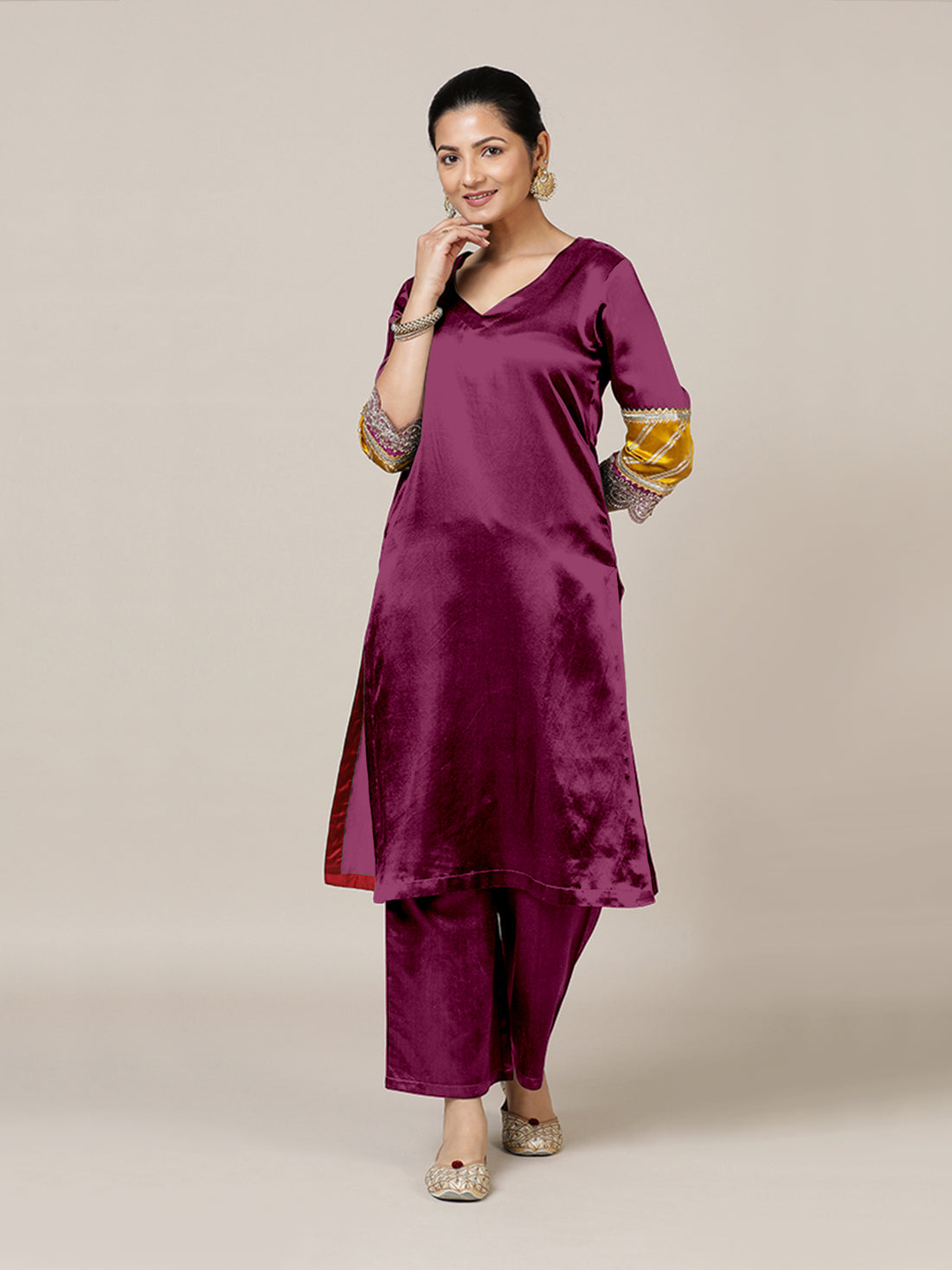 Kainaat x Tyohaar Kurta, in Red Vegan Silk, featuring three quarter sleeves and curved v-neckline, made for party & festive.