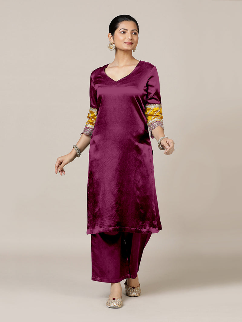 Kainaat x Tyohaar | Mulberry Red Mashru Silk A-Line Kurta with Embroidered Sleeves | Coords or Only Kurta-Binks