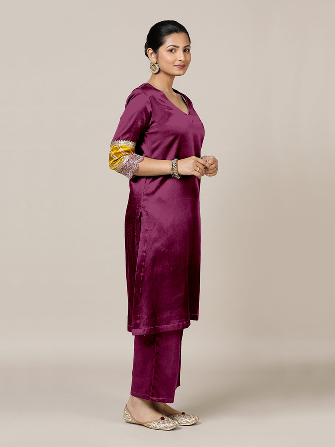 Kainaat x Tyohaar Kurta, in Red Vegan Silk, featuring three quarter sleeves and curved v-neckline, made for party & festive.