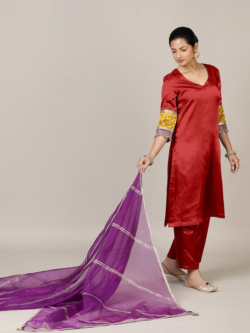 Kainaat x Tyohaar | Ruby Red Mashru Silk A-Line Kurta with Embroidered Sleeves | Coords or Only Kurta-Binks