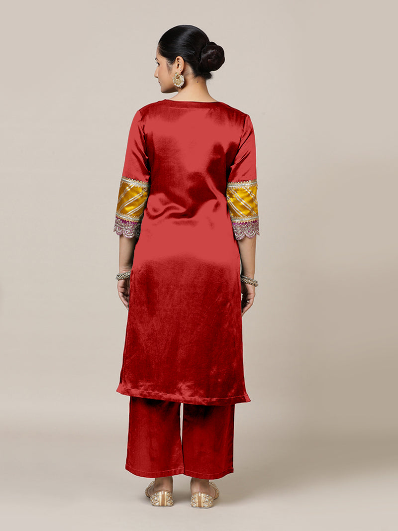 Kainaat x Tyohaar | Ruby Red Mashru Silk A-Line Kurta with Embroidered Sleeves | Coords or Only Kurta-Binks
