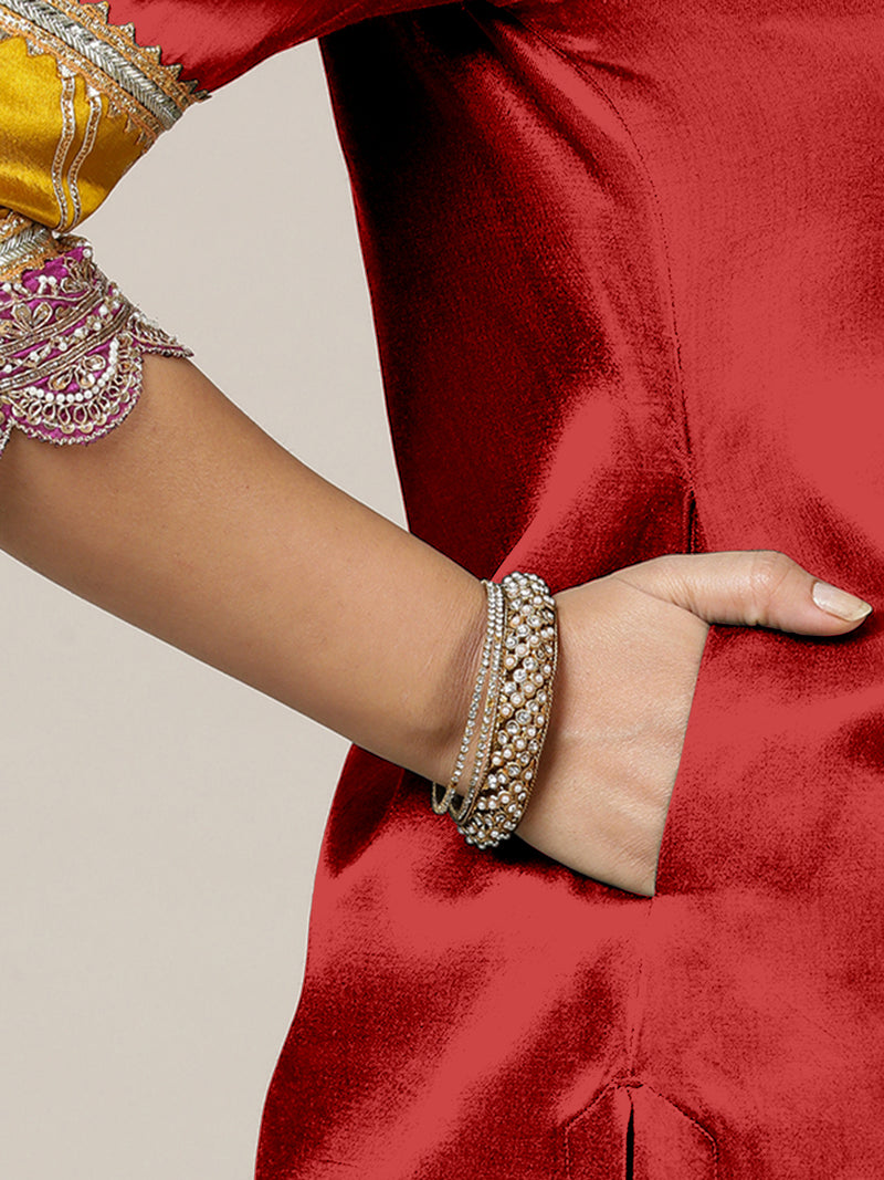 Kainaat x Tyohaar | Ruby Red Mashru Silk A-Line Kurta with Embroidered Sleeves | Coords or Only Kurta-Binks