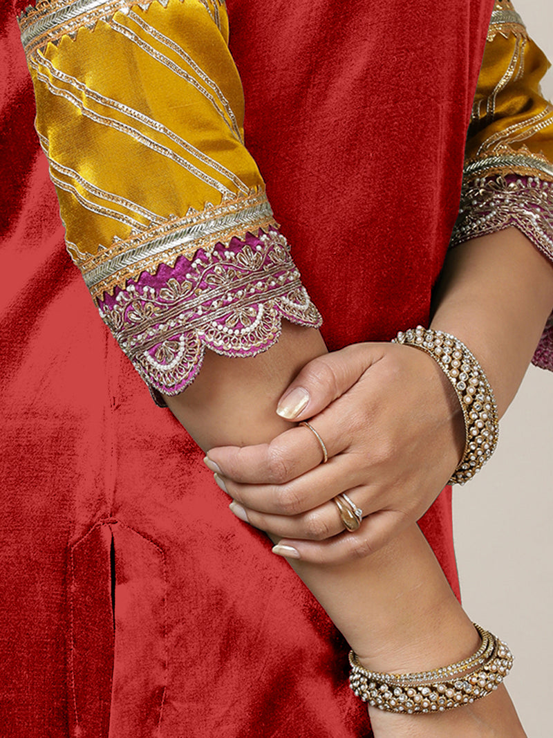 Kainaat x Tyohaar | Ruby Red Mashru Silk A-Line Kurta with Embroidered Sleeves | Coords or Only Kurta-Binks