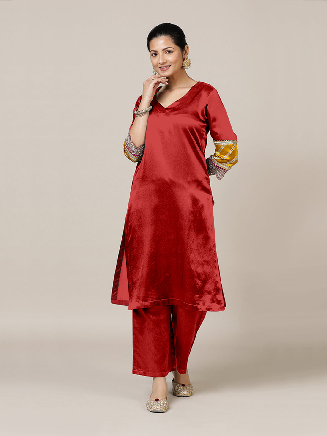 Kainaat x Tyohaar Kurta, in Red Vegan Silk, featuring three quarter sleeves and curved v-neckline, made for party & festive.