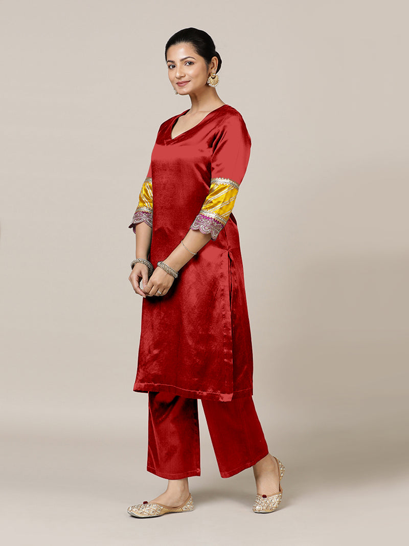 Kainaat x Tyohaar | Ruby Red Mashru Silk A-Line Kurta with Embroidered Sleeves | Coords or Only Kurta-Binks