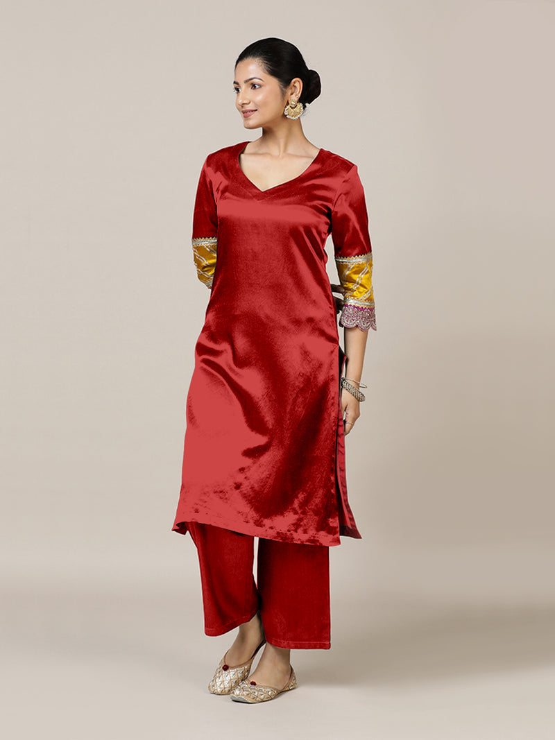 Kainaat x Tyohaar | Ruby Red Mashru Silk A-Line Kurta with Embroidered Sleeves | Coords or Only Kurta-Binks