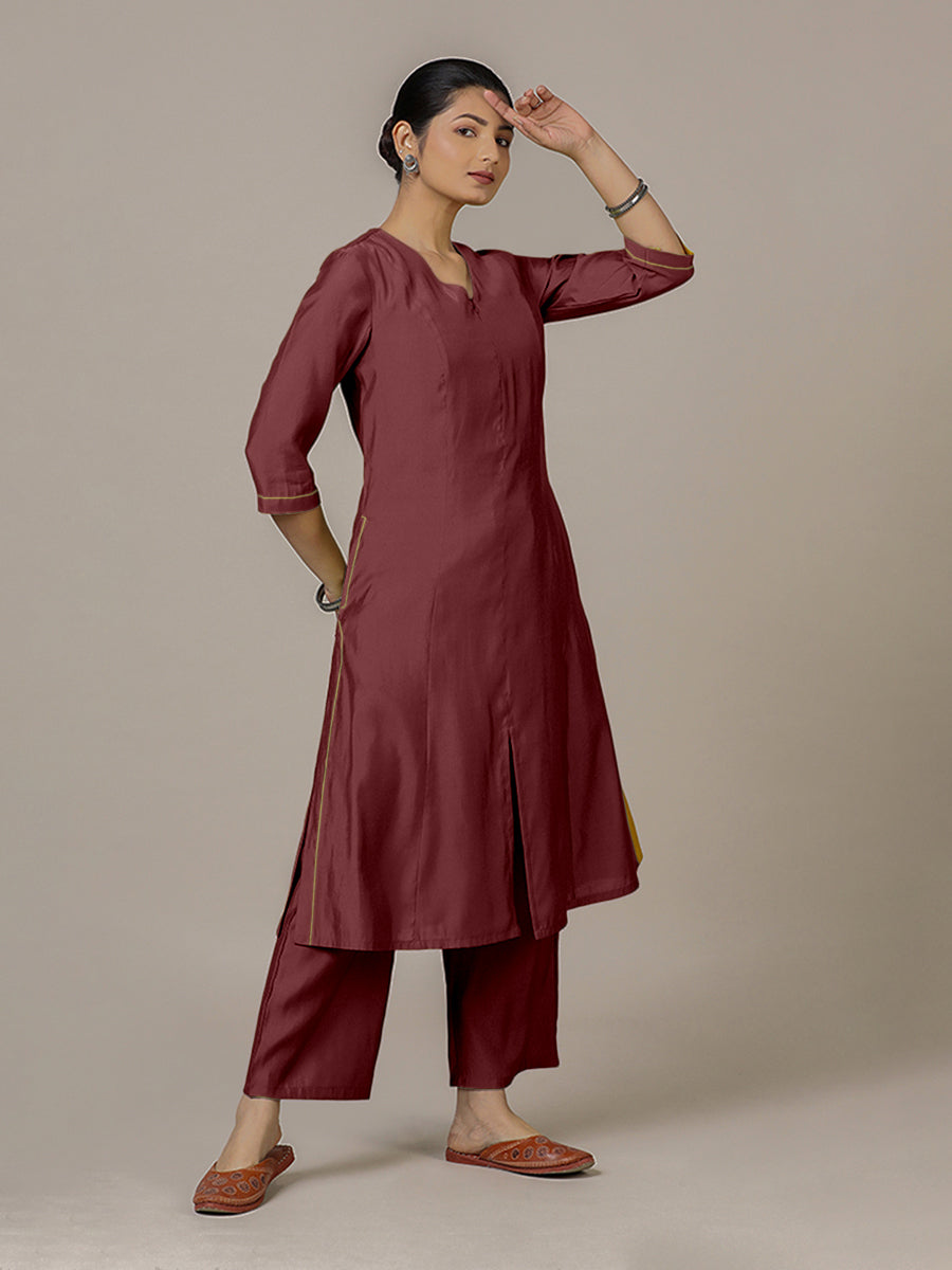 Mahek x Rozaana Kurta, in Maroon Viscose, featuring three quarter sleeves and v-neckline, made for daily & work (view 6).