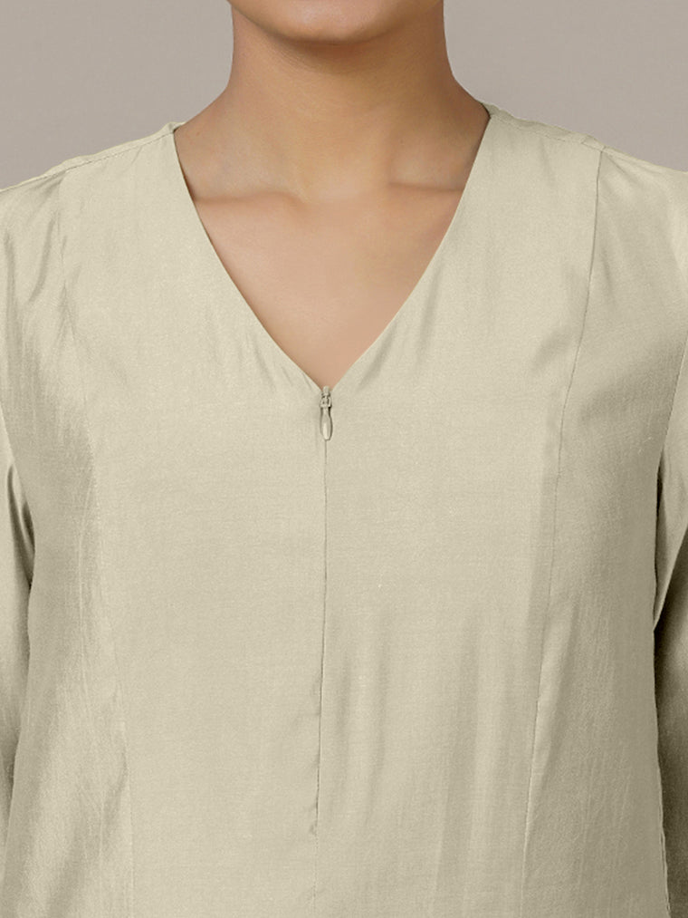 Mahek x Rozaana Kurta, in Cream Viscose, featuring three quarter sleeves and v-neckline, made for daily & work (view 3).