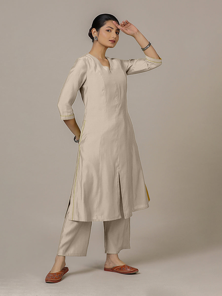 Mahek x Rozaana Kurta, in Grey Viscose, featuring three quarter sleeves and v-neckline, made for daily & work (view 6).