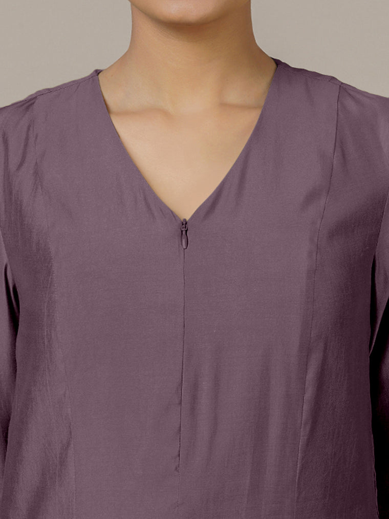 Mahek x Rozaana Kurta, in Purple Viscose, featuring three quarter sleeves and v-neckline, made for daily & work (view 3).