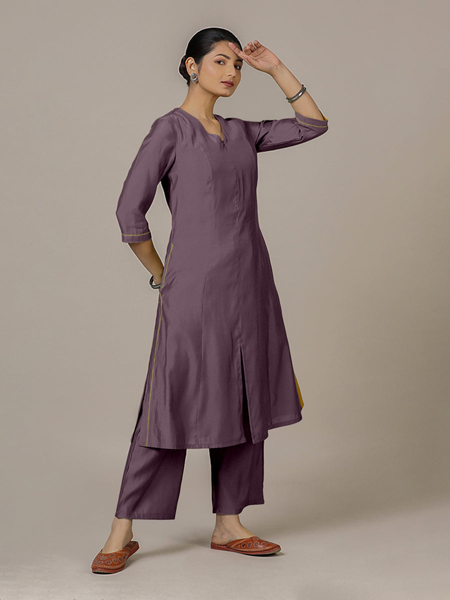 Mahek x Rozaana Kurta, in Purple Viscose, featuring three quarter sleeves and v-neckline, made for daily & work (view 5).
