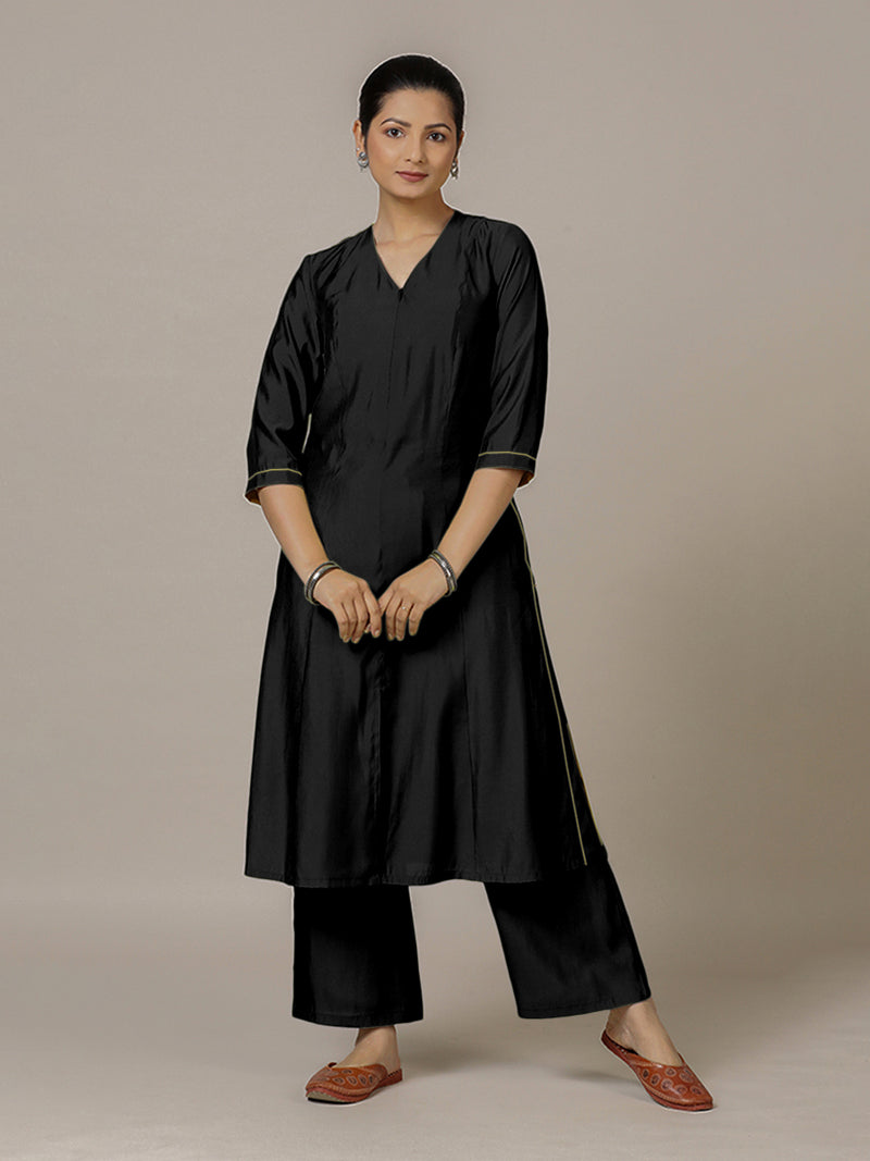 Mahek x Rozaana | A Line Kurta in Raven Black with Thread Work | Coords or Only Kurta-Binks