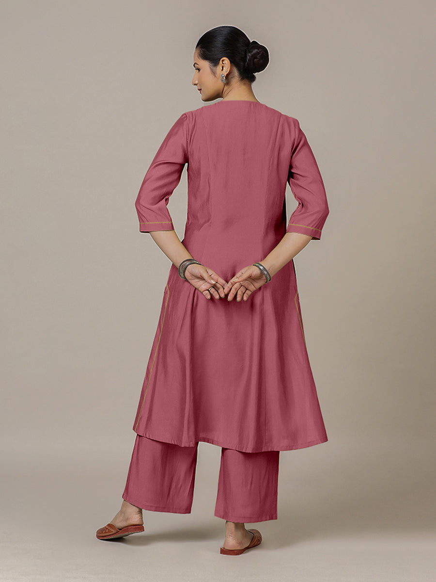 Mahek x Rozaana Kurta, in Pink Viscose, featuring three quarter sleeves and v-neckline, made for daily & work (view 2).