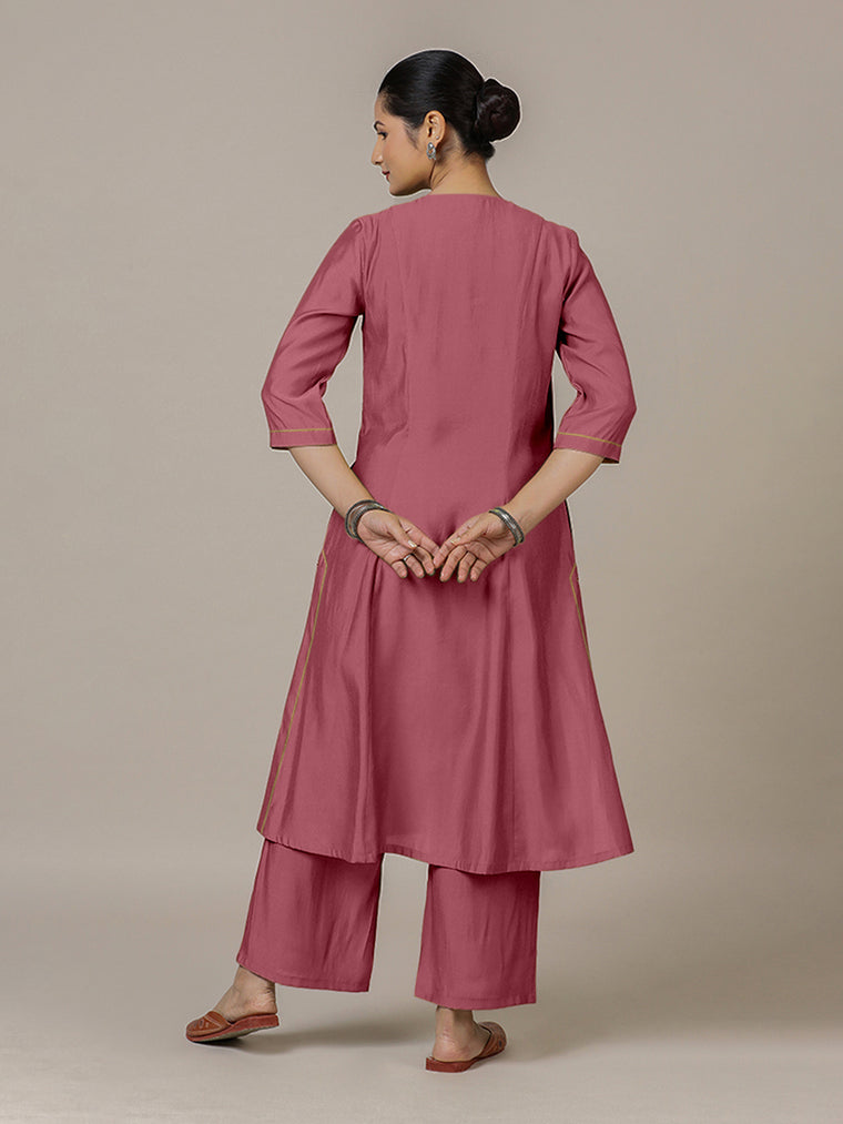 Mahek x Rozaana Kurta, in Pink Viscose, featuring three quarter sleeves and v-neckline, made for daily & work (view 2).