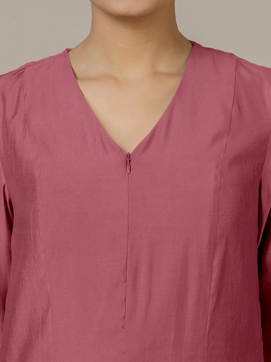 Mahek x Rozaana Kurta, in Pink Viscose, featuring three quarter sleeves and v-neckline, made for daily & work (view 3).