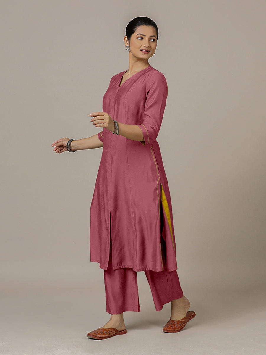 Mahek x Rozaana Kurta, in Pink Viscose, featuring three quarter sleeves and v-neckline, made for daily & work (view 6).